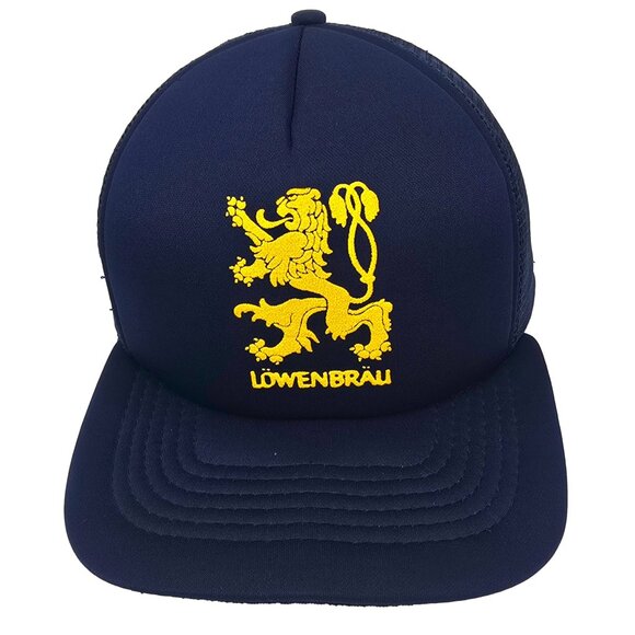 Vintage Lowenbrau Beer Hat Trucker Mesh Snapback Cap Blue Gold Lion Logo Brewery - Picture 1 of 6